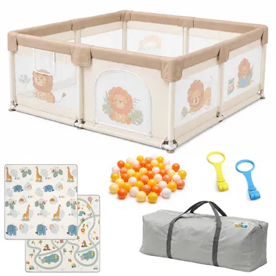 Productafbeelding van Grondbox Baby met Speelmat & Speelballen - Babybox - Kinderbox - Speelbox - Playpen - Ballenbak - Kruipbox - 120x120x60cm - Beige, AI-gegenereerde afbeelding
