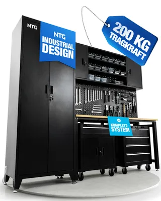 Produktbild von XL Werkstattwand Komplett-Set 210 cm – Modulares Werkstattsystem mit 25 mm Holzarbeitsplatte, Werkzeugschränken, Lochwand & Werkbank, 200 kg Traglast
