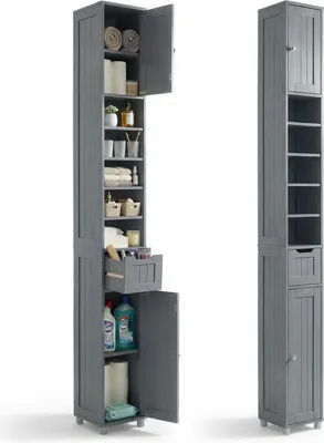 Produktbild von VOUNOT® Badezimmerschrank Hoch mit 2 Türen und 1 Schublade, Badschrank Schmal, Badezimmer Hochschrank, 20x20x180cm, Grau