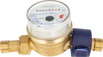 Produktbild von Einstrahlzähler ETK Kombi-Set (Kaltwasser) bis 30 Grad Länge 80 mm, inkl. Verschraubungen 3/4 Zoll x 1/2 Zoll AG, Plombierschelle