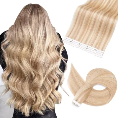 Produktbild von Tape Extensions Echthaar 50 cm Goldblond/Lichtblond Balayage 20er Pack Glatt Remy Klebeband Haarverlängerung 50g