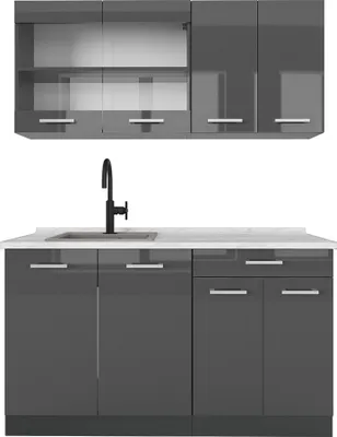 Produktbild von Singleküche Vicco R-Line Anthrazit Hochglanz 140 cm , AP Marmor, Model 53953