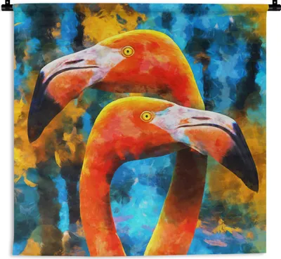 Produktbild von MuchoWow® Wandteppich Wandbehang Ölgemälde - Vogel - Flamingo 60x60 cm Tapisserie Dekoration Wandtuch - Dekorationen - Wand Decke
