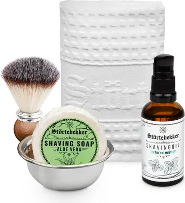 Produktbild von Störtebekker Rasurpflege Set - Mit Rasierpinsel, Rasierschale, Rasiertuch, Rasieröl, Rasierseife (Aloe Vera) - Rasierset / Bartpflege - Geschenkidee