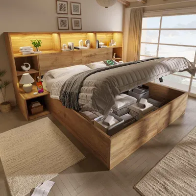 Image de Lit avec rangement et système de levage hydraulique, table de chevet intégrée, aspect bois, éclairage LED et port USB-C, étagère en tête de lit avec sommier à lattes inclus, sans matelas, 180 x 200 cm