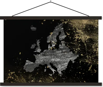 Produktbild von MuchoWow® Textilposter Karte - Europa - Grau 150x100 cm mit schwarzem Rahmen - Schlafzimmer