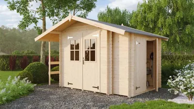 Produktbild von Lasita Naturbelassen Gerätehaus Vilano 2 Gartenhaus Mit Anbauschrank, Blockbohlenhaus Fichte 28 Mm, Doppelflügeltür Mit Lichtausschnitten, Inklusive Boden Und Seitendach, Robuste Blockbohlenbauweise