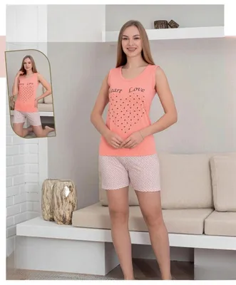 Immagine prodotto di Pigiama da donna, modello shorty, colore salmone, taglia M, set a due pezzi L-87