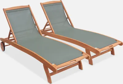 Immagine prodotto di Set 2 lettini prendisole in legno multiposizione con ruote, Verde kaki
