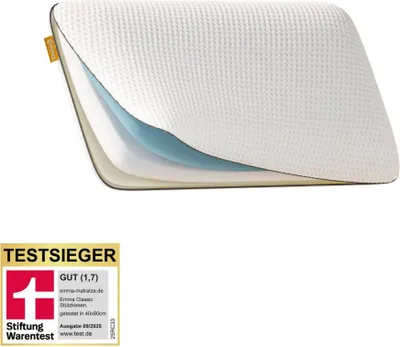 A cutaway view of a pillow showing its layered construction, with a test winner badge below.