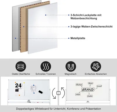 Image de Tableau blanc mobile magnétique double face tableau effaçable à sec réglable sur roulettes blanc