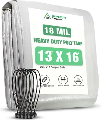 Produktbild von CoverUp! Abdeckplane Wasserdicht (4x5m), 200g/m² Gewebeplane mit ösen - Plane Wasserdicht mit Verstärkte Gummiecken - UV-Schutz für Gartenplane, Bodenplane, Bauplane inkl. 12 Planenspanner, Weiß 4x5