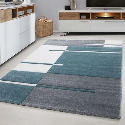 Produktbild von TapisTrend Designerteppich Blau 80x300 cm Indoor-Teppich, kariert, aus Jute, für das Wohnzimmer, modernes Design, waschbar