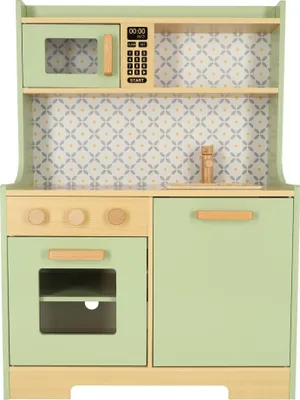 A wooden toy kitchen with a microwave, oven, and cabinets.