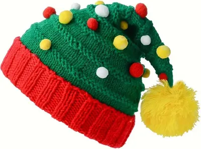 Produktbild von Weihnachtsmütze, rot-grünes Patchwork-Design, gestrickte Wollkugel, festliche Dekoration, ideal für Feiertage und Partys