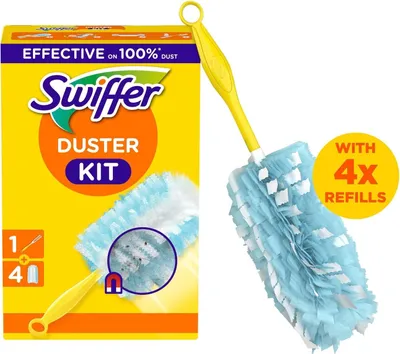 A Swiffer Duster Kit box and a Swiffer duster with refills.