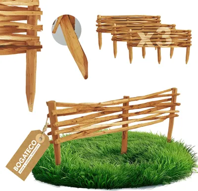 Produktbild von BOGATECO 3x Gartenzaun aus Haselholz 90cm x 20cm Beeteinfassung Rasenkanten Zaun Holz Beetumrandungen Staketenzaun | Braun