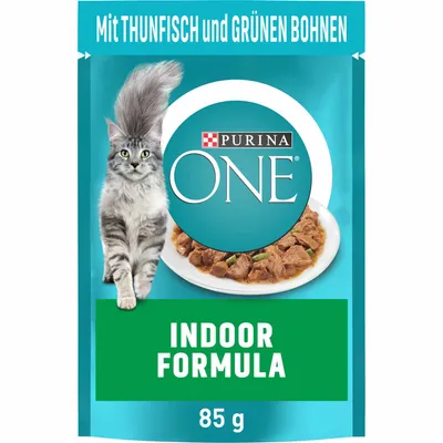 Produktbild von Purina ONE Indoor Zarte Stückchen in Sauce mit Thunfisch und grünen Bohnen (85 g)
