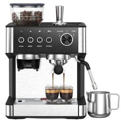 Image de Machine à expresso, broyeur intégré, buse vapeur rotative à 360°, noir et argent