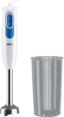 A white and blue immersion blender with a silver base, shown next to a clear measuring cup.
