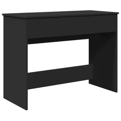 A black vanity table with a large open shelf in the middle and two drawers on top.