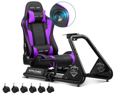 Immagine prodotto di Cockpit per simulatori di guida - Rig per simulatore di guida GTS03 - Supporto volante regolabile - Supporto pedali - Con altoparlanti - Compatibile con PC - Viola
