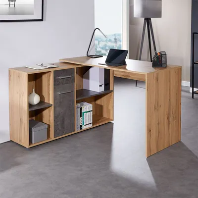 Produktbild von Eckschreibtisch DIEGO mit Stauraum, Wotan Eiche/beton - Schreibtisch in L-Form für das Homeoffice, moderner Bürotisch mit Regal und Ablagefach, Computertisch