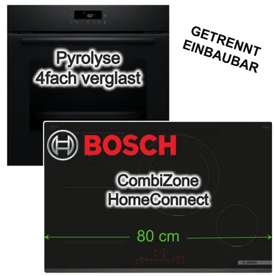 Produktbild von Bosch Herdset Einbaubackofen 3D-Heißluft Pyrolyse + Induktionskochfeld 80cm PowerBoost CombiZone HomeConnect
