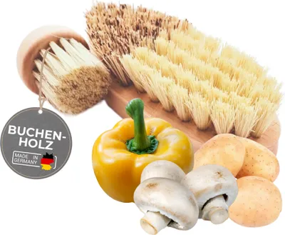 Produktbild von TOPANBIETER 999 Bürstenset 2-teilig Gemüsebürste & Champignonbürste aus Buchenholz - nachhaltige Reinigungsbürsten für Gemüse & Pilze - robust, langlebig & umweltfreundlich