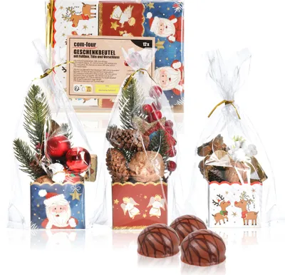 Produktbild von com-four® 12x Geschenkbeutel mit Faltbox, Tüte und Verschluss - Präsenttüten mit Pappuntersatz im Weihnachtsstil - Kunststofftütchen für Kekse