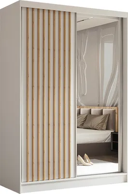 Produktbild von Masseno Schiebetürenschrank LAMELLO 150 cm Kleiderschrank Schlafzimmer Schrank 2-türig mit Spiegel und Lamellen Weiß