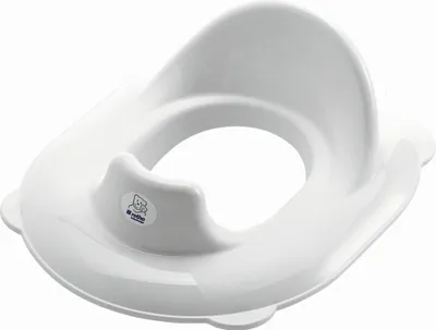 A white child's toilet seat is shown against a white background.