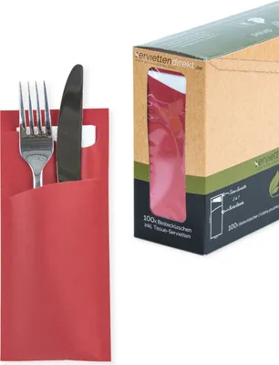 Produktbild von Bestecktasche Prime Fit in Rot 85 x 190 mm, mit 2-lagiger Tissue-Serviette in Weiß - 100 Stück