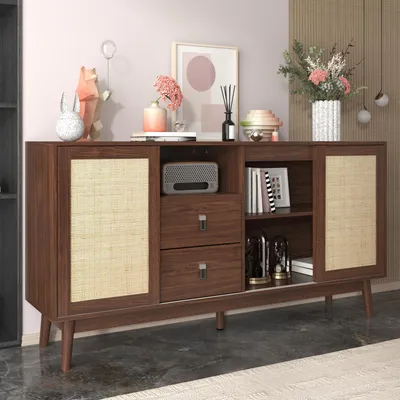 Produktbild von STILVORA Sideboard mit 3 Schiebetüren,Aufwahrungsschrank aus echtem Rattan mit offene Regale,Beistellschrank mit Schubladen,Walnuss
