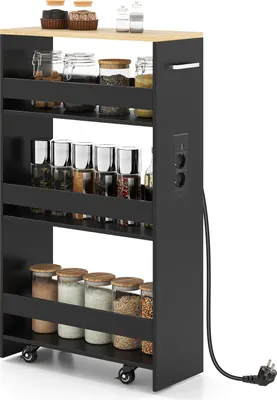 A black kitchen cart with four shelves, a wooden top, and wheels, filled with jars of spices and food items. It has a power outlet and cord attached to the side.
