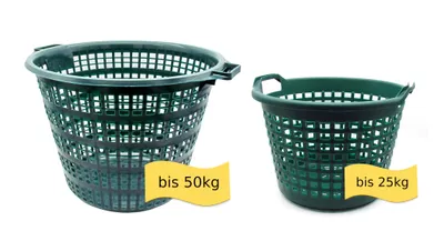Produktbild von Erntekorb aus Kunststoff – stapelbarer Obst- & Gemüsekorb, Kartoffelkorb mit Griffen, 2 Größen (25kg / 50kg) - je 1 x bis 25kg + 50kg