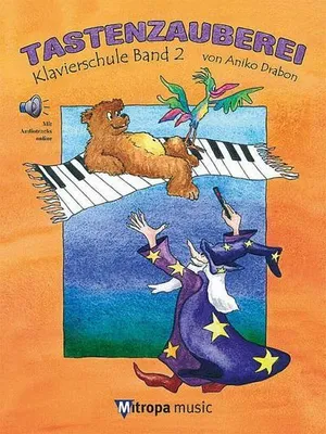 Illustration for a piano learning book featuring a bear and a wizard on a piano keyboard.