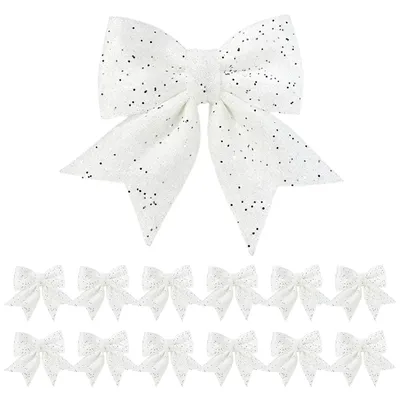 12 Glitzer-Geschenkschleifen, weiß, 12×15 cm, Weihnachtsbaumdeko