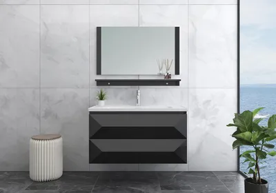 Produktbild von Faizee Home Miran Badmöbel-Set 60 oder 90 cm Schwarz Hochglanz mit Keramik-Waschbecken, Spiegel und Soft-Close, 0–2 Seitenschränke ohne 90 cm