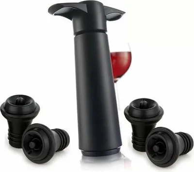 Produktbild von Weinsparpumpe schwarz mit Vakuum-Weinverschluss – hält Ihren Wein bis zu 10 Tage frisch – 1 Pumpe, 4 Verschlüsse – wiederverwendbar