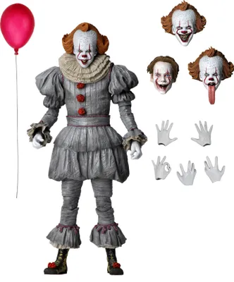 A Pennywise action figure with accessories, including alternate heads and hands, and a red balloon.
