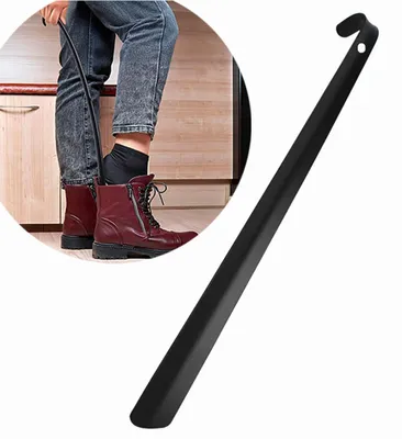 Imagen del producto de Calzador – Calzador largo – 58 cm de altura – con gancho – Calzador – Acero inoxidable resistente – Negro – Calzador – Ayuda para ponerse los calcetines – 3 en 1