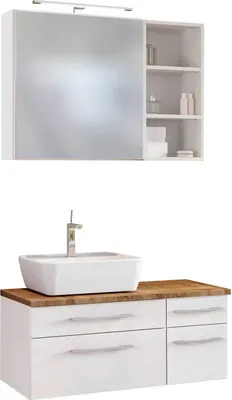Produktbild von Badmöbel Set inkl. Spiegelschrank LED, 90 cm & Keramik Aufsatzwaschbecken Links TAREE-03 in matt weiß