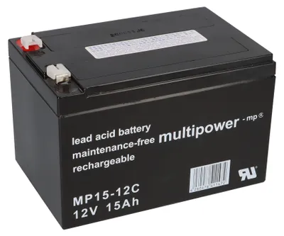 A black lead-acid battery with white text and markings.
