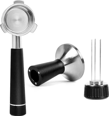 Zdjęcie produktu dla Zestaw tamperów do kawy, 2 w 1, tamper do kawy espresso 53 mm z mieszadłem, stal nierdzewna, zakrzywiona podstawa, magnetyczny dystrybutor kawy, tamper, portafiltr bez dna z koszykiem na filtr, kompatybilny z koszykiem na portafiltr Breville 54 mm