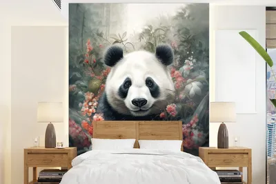 Produktbild von MuchoWow® Fototapete für Wohnzimmer oder Schlafzimmer Wandtapete Vinyl Motivtapete Panda - Wildtiere - Blumen - Natur - 205x280 cm - Wandbild