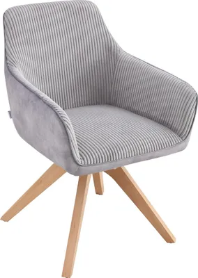 A grey upholstered chair with wooden legs on a white background.