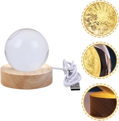 A crystal ball lamp with a wooden base and USB cable, shown with close-up marketing images of its textured surface and base.