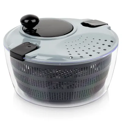 A salad spinner on a white background.