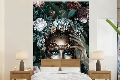 Produktbild von MuchoWow® Fototapete für Wohnzimmer oder Schlafzimmer Wandtapete Vinyl Motivtapete Silber - Frau - Blumen - 225x350 cm - Schlafzimmer tapete